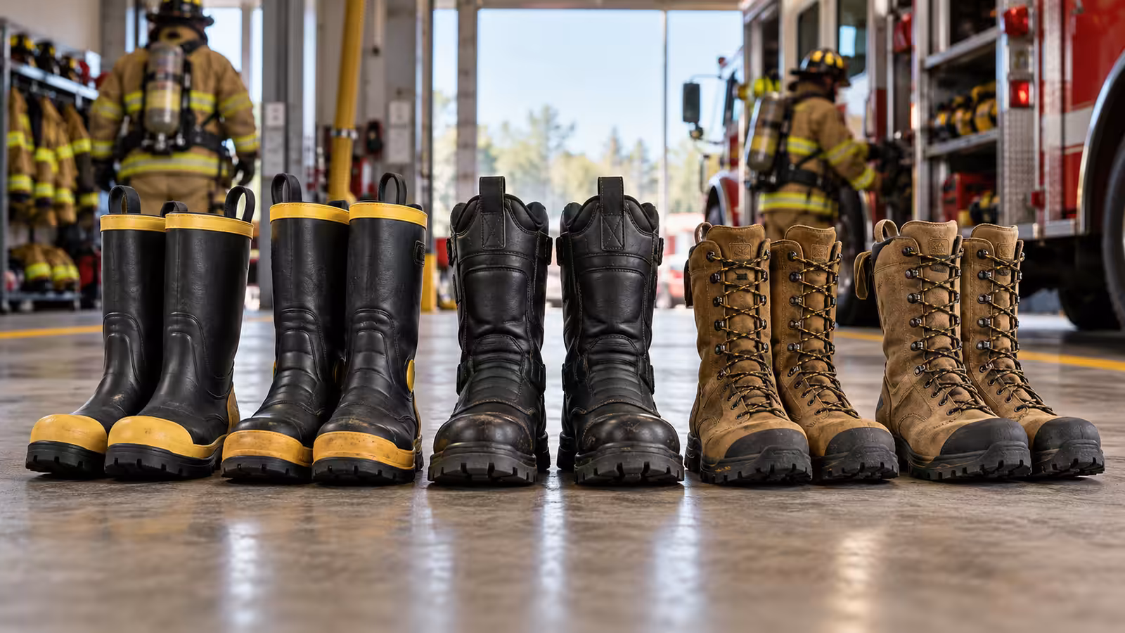Botas de hule estructurales, bota de piel estructural y botas forestales de agujetas alineadas en el piso de una estación