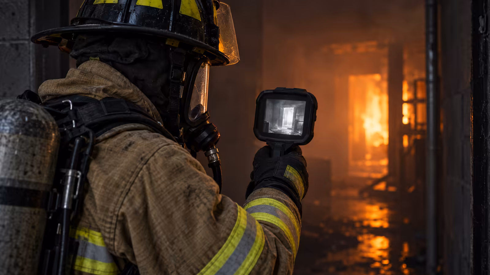 Bombero con equipo estructural y ERA sostiene una cámara térmica en un pasillo con humo; la pantalla muestra el contorno caliente de una puerta