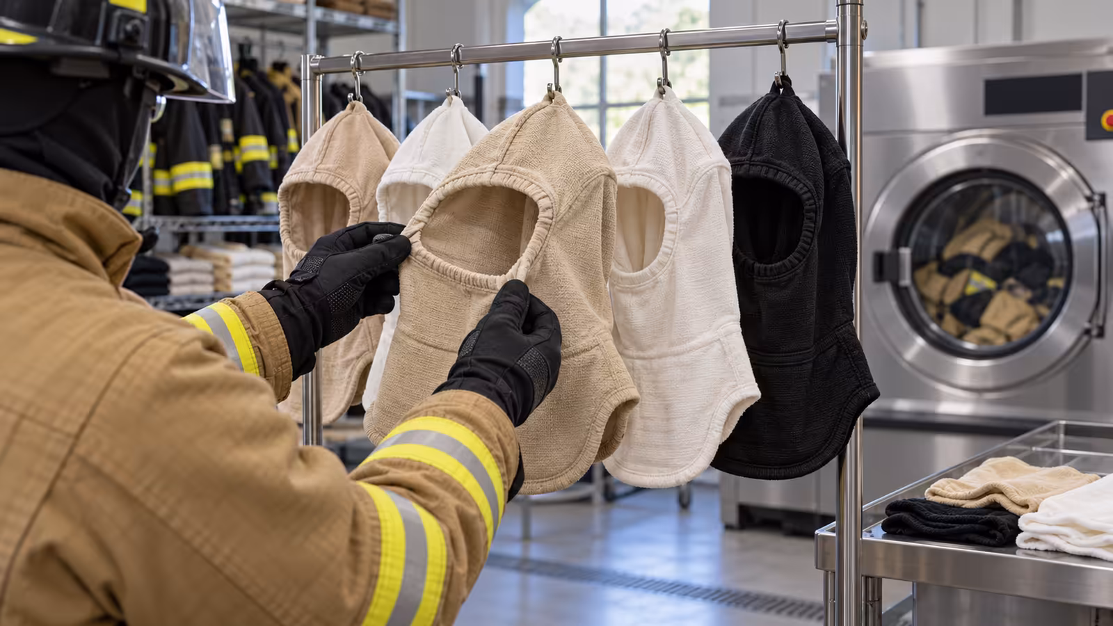 Bombero con traje estructural revisa la abertura facial de una capucha beige entre capuchas blancas y negras que se secan junto a una lavadora extractora