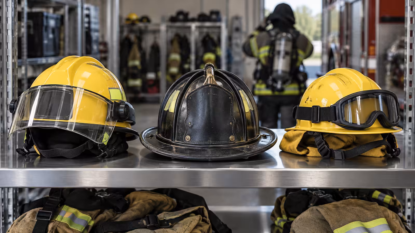Tres cascos para bombero en un anaquel: estructural moderno con visor, tradicional de ala larga y forestal con goggles