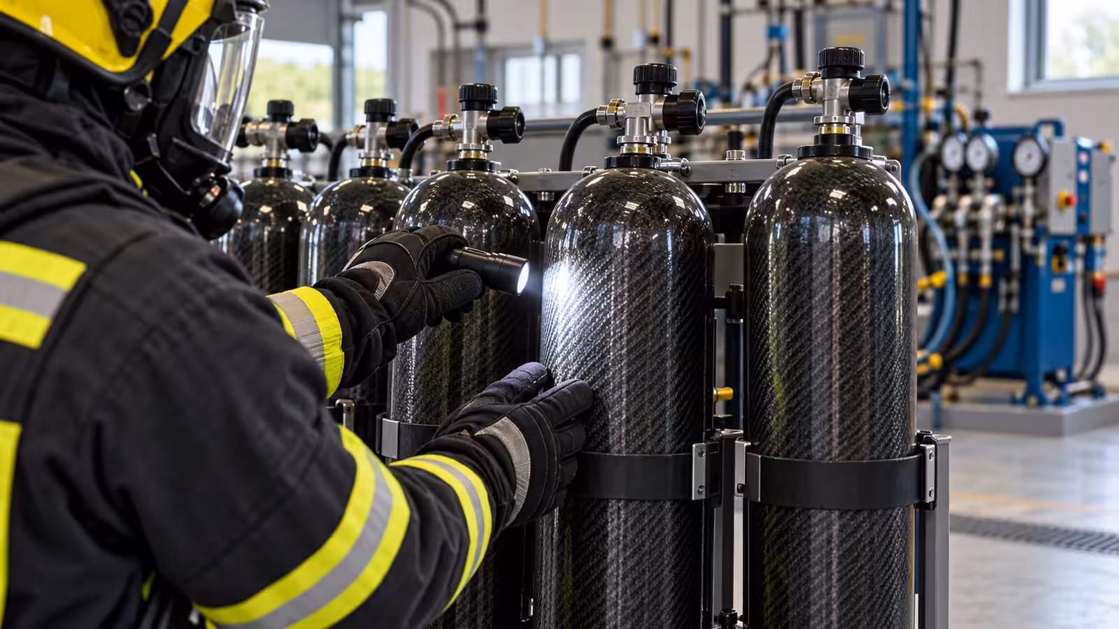 Cilindros de fibra de carbono para equipo de respiración en un rack mientras un técnico inspecciona uno con una linterna