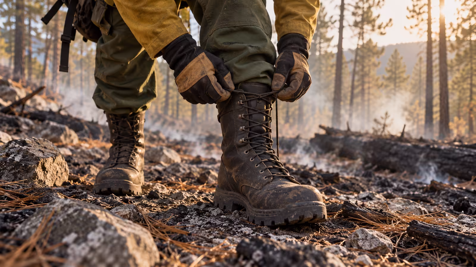 Combatiente forestal con pantalón verde y guantes ajusta las agujetas de botas de piel de caña alta y suela de tacos sobre suelo con ceniza y acículas de pino