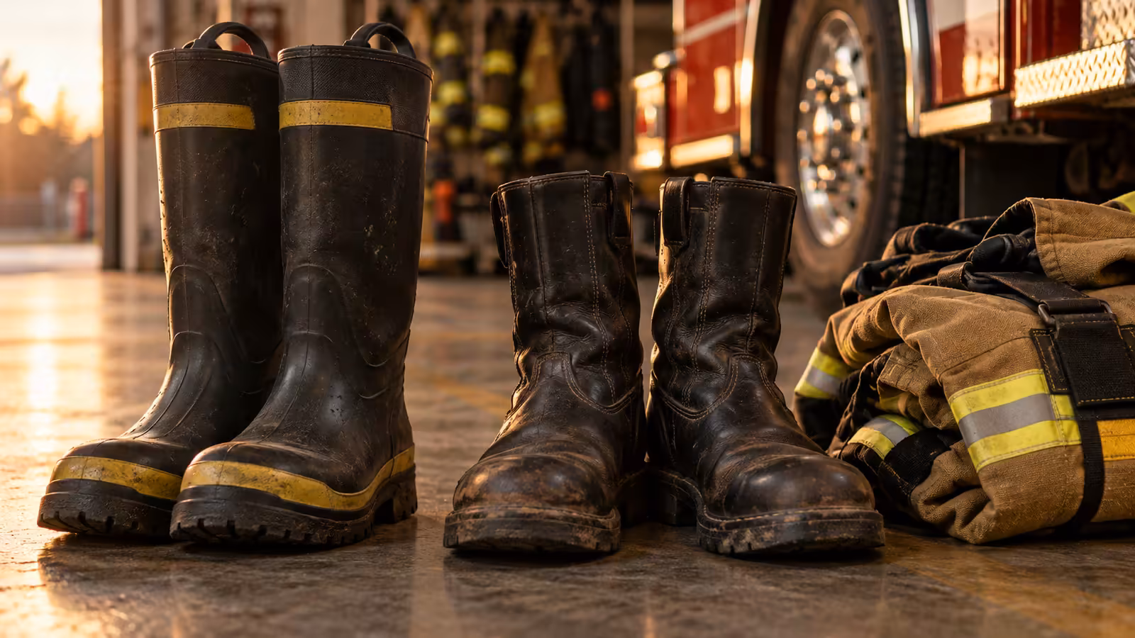 Botas para bombero colocadas junto a equipo de protección personal