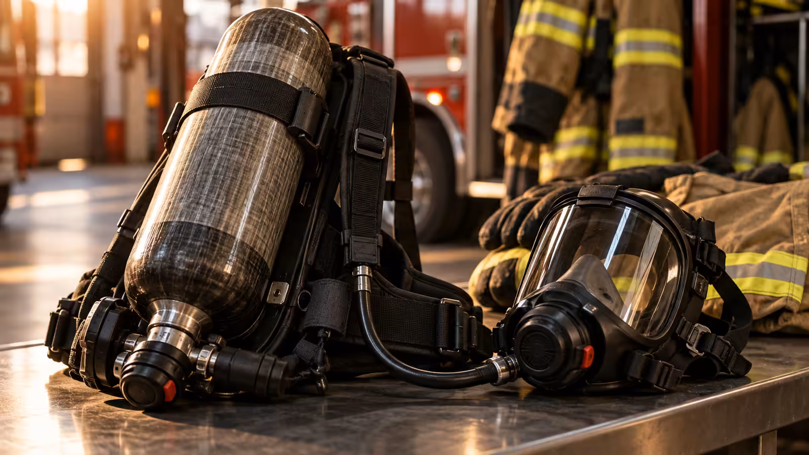 Equipo de respiración autónoma con máscara y cilindro para bombero