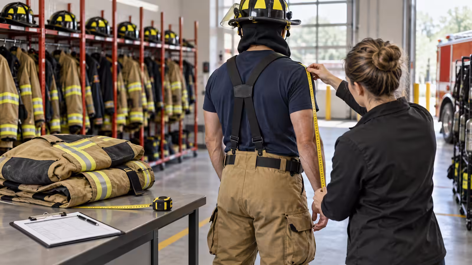 Medición del largo de brazo de un bombero con cinta métrica junto a un traje estructural y un formato de tallas en una estación
