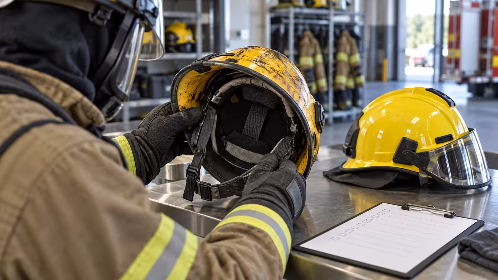 Bombero con guantes revisando la suspensión interior de un casco desgastado junto a un casco nuevo y una lista de inspección