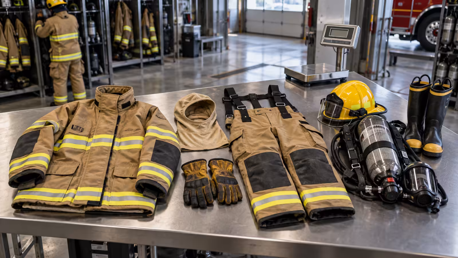 Traje estructural, casco, capucha, guantes, botas y equipo de respiración autónoma dispuestos pieza por pieza sobre una mesa de acero junto a una báscula
