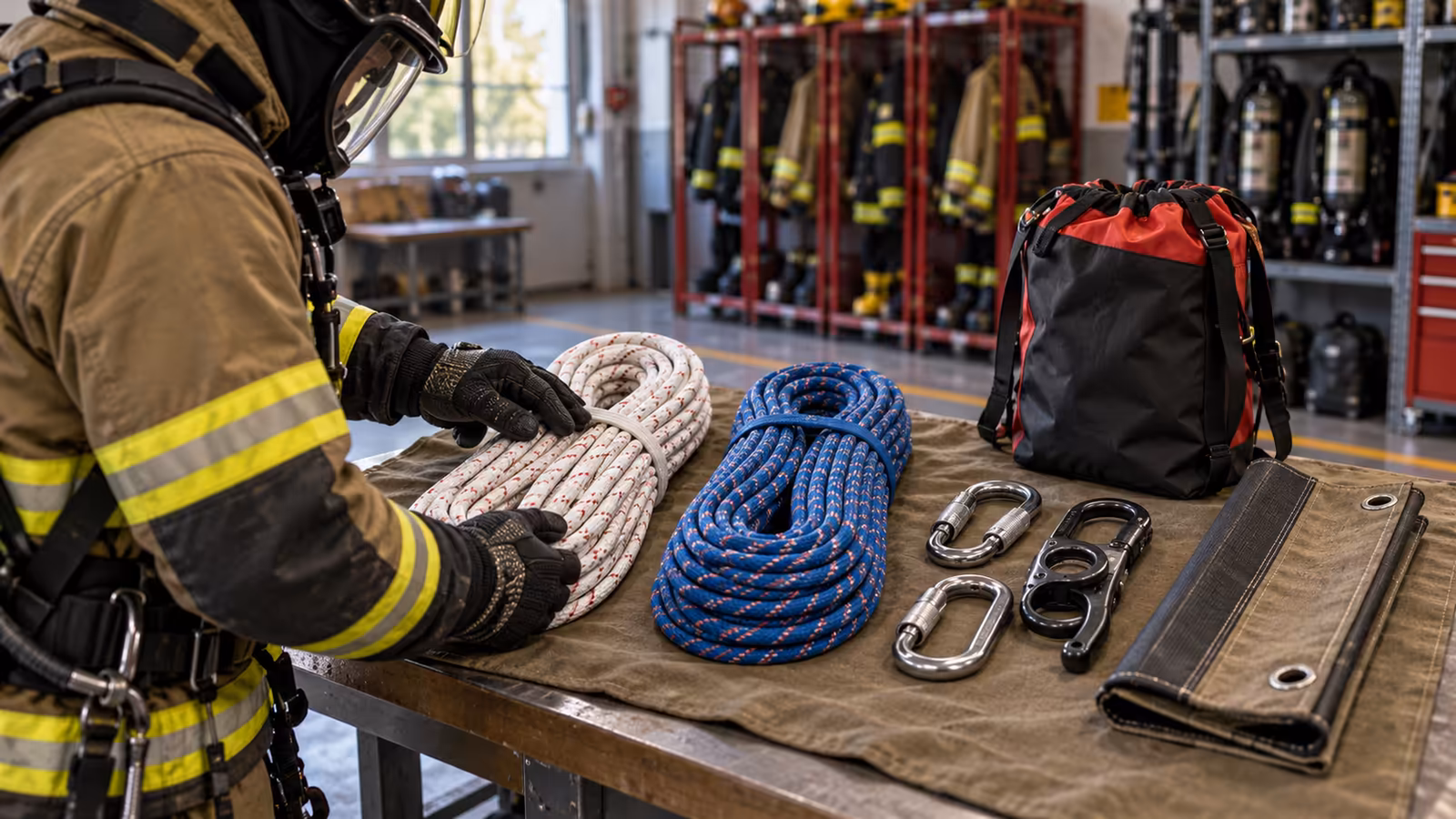 Bombero con equipo estructural revisa una cuerda estática blanca junto a una cuerda azul, mosquetones, descensor, bolsa y protector de bordes sobre una mesa de la estación