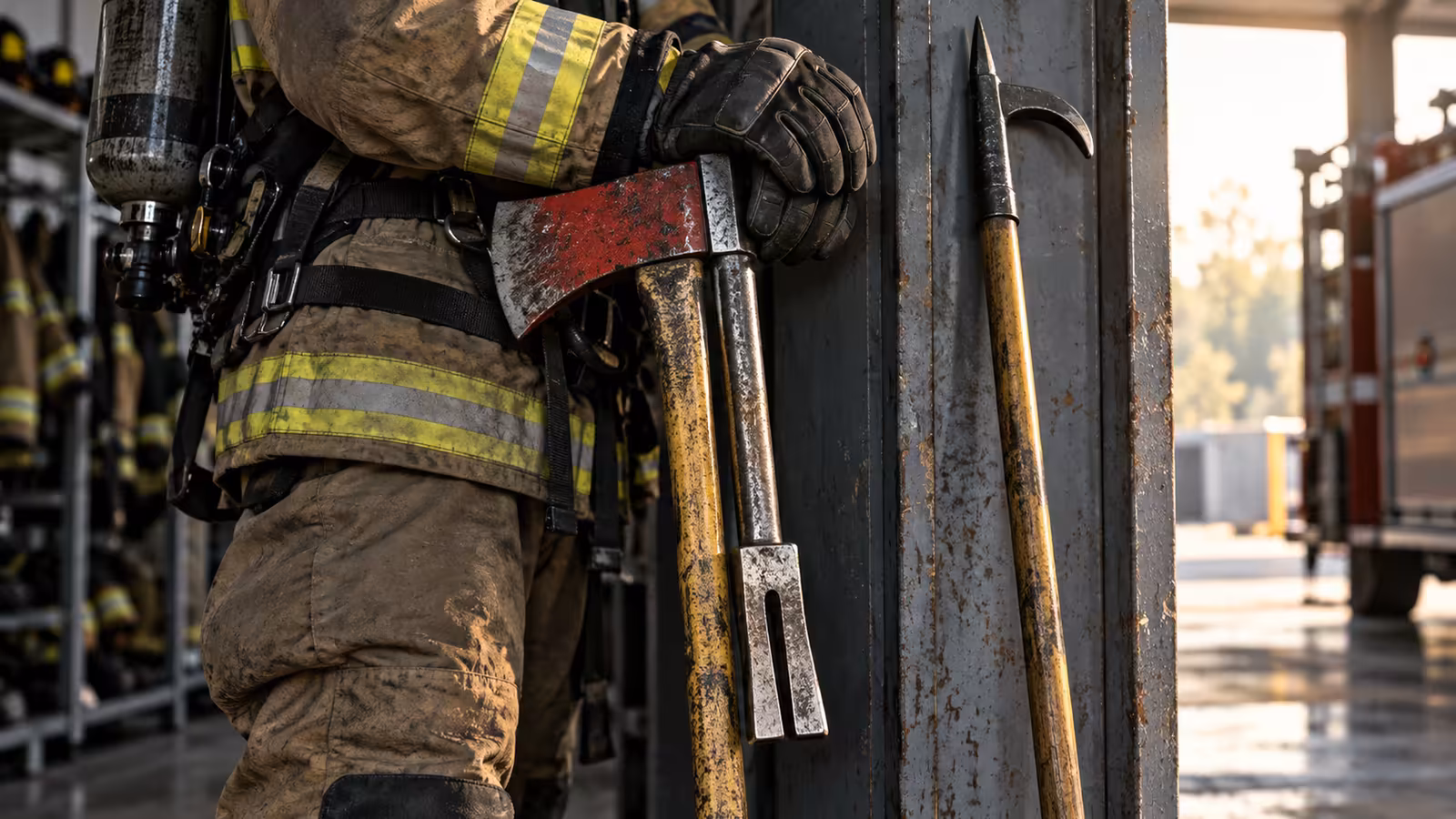 Bombero con guantes y traje estructural apoyado en un hacha y una barra Halligan junto a un gancho bichero en el marco de una puerta