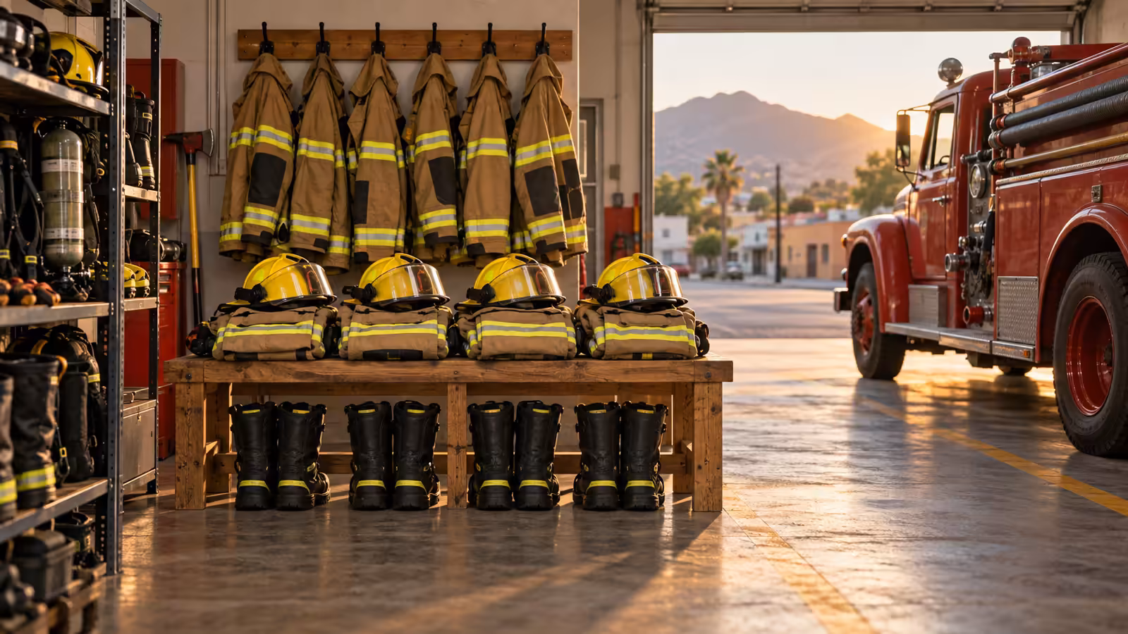 Trajes estructurales, cascos y botas nuevos ordenados en una estación de bomberos voluntarios