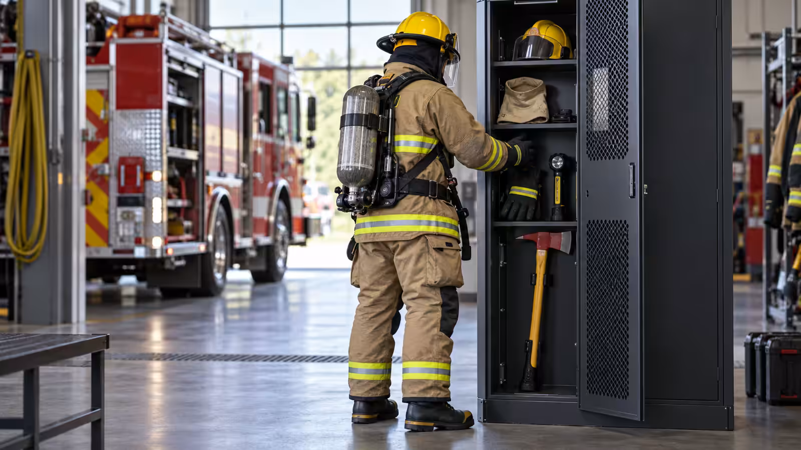 Bombero de espaldas con traje estructural, casco y equipo de respiración autónoma junto a un casillero con casco, guantes, lámpara y hacha