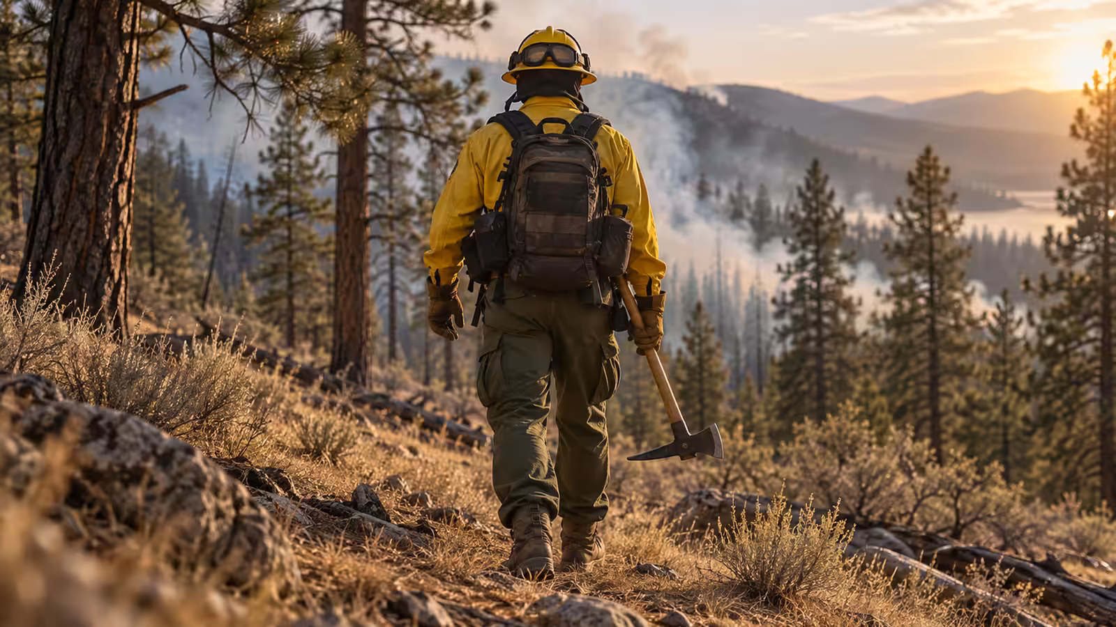 Combatiente forestal con camisola amarilla, casco, goggles y herramienta Pulaski en una ladera de pinos con humo