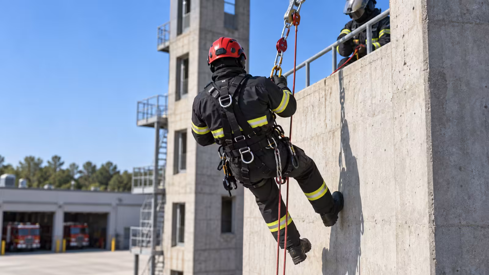 Rescatista con casco y arnés descendiendo por una cuerda estática en una torre de entrenamiento