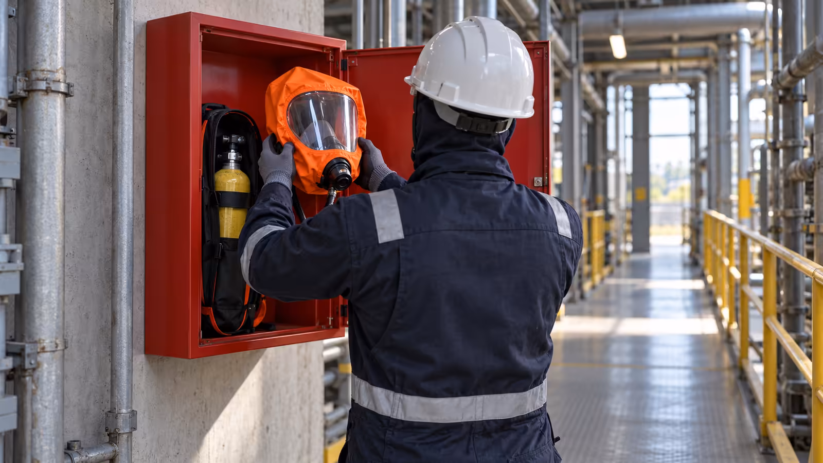 Trabajador de espaldas toma una capucha de escape naranja con cilindro de aire amarillo de un gabinete rojo junto a la ruta de evacuación de una planta industrial