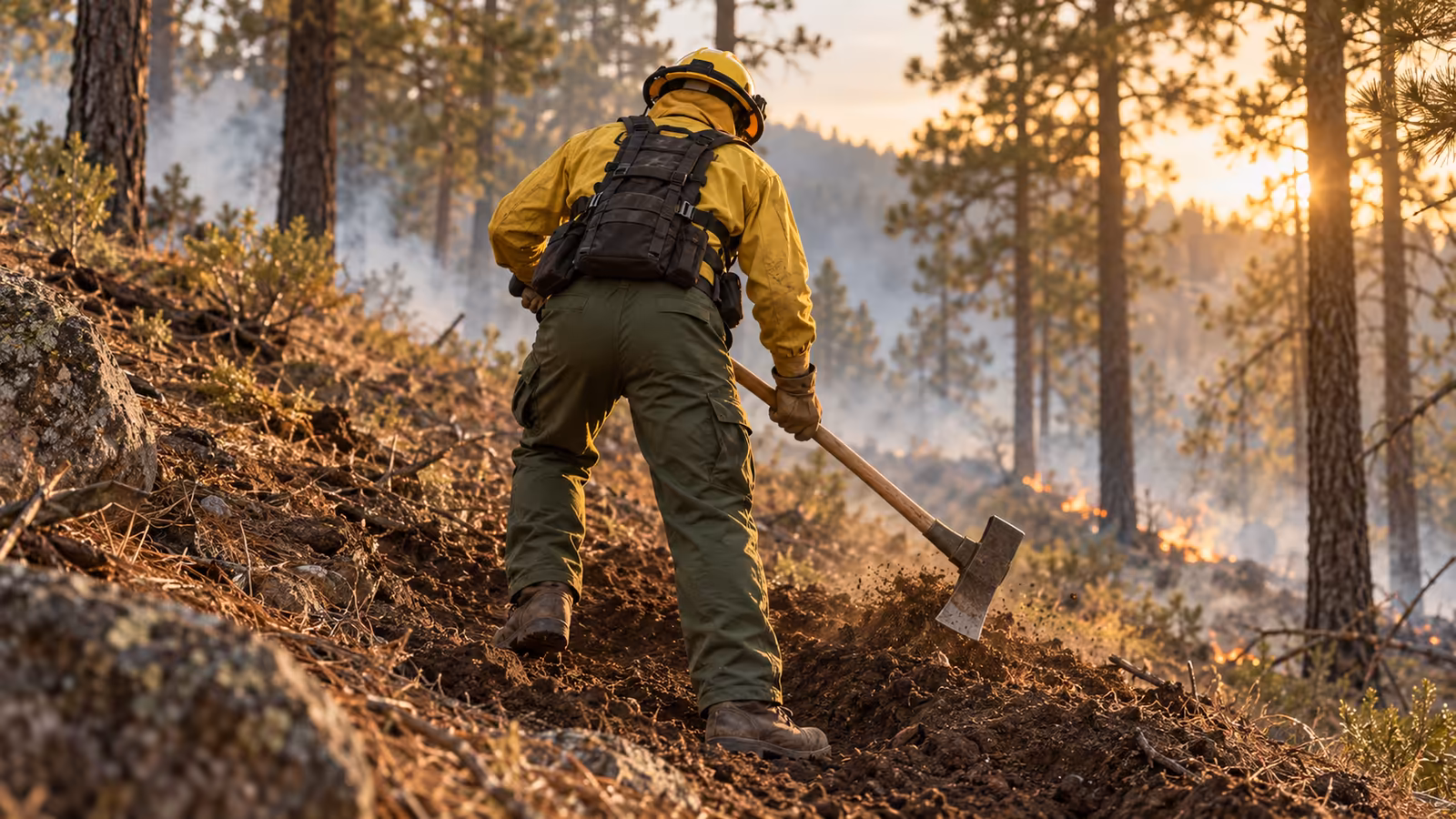 Combatiente forestal de espaldas abre una línea de control con una Pulaski en una ladera de bosque de pino con humo y fuego al fondo