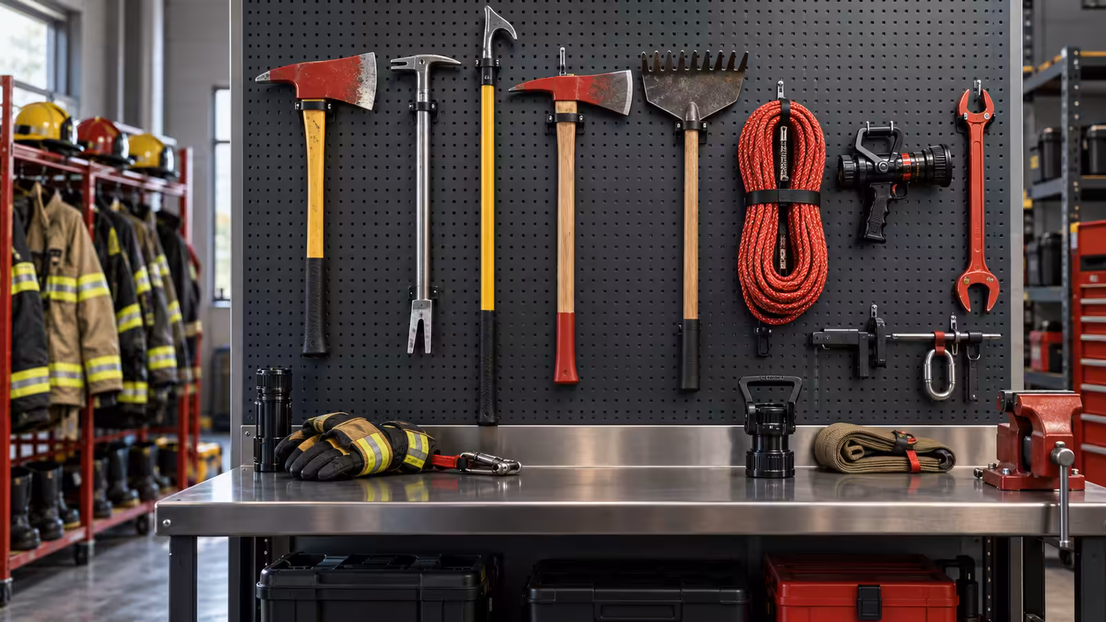 Hacha, barra Halligan, gancho bichero, herramientas forestales, cuerda de rescate y pitón colgados en un tablero de herramientas de una estación