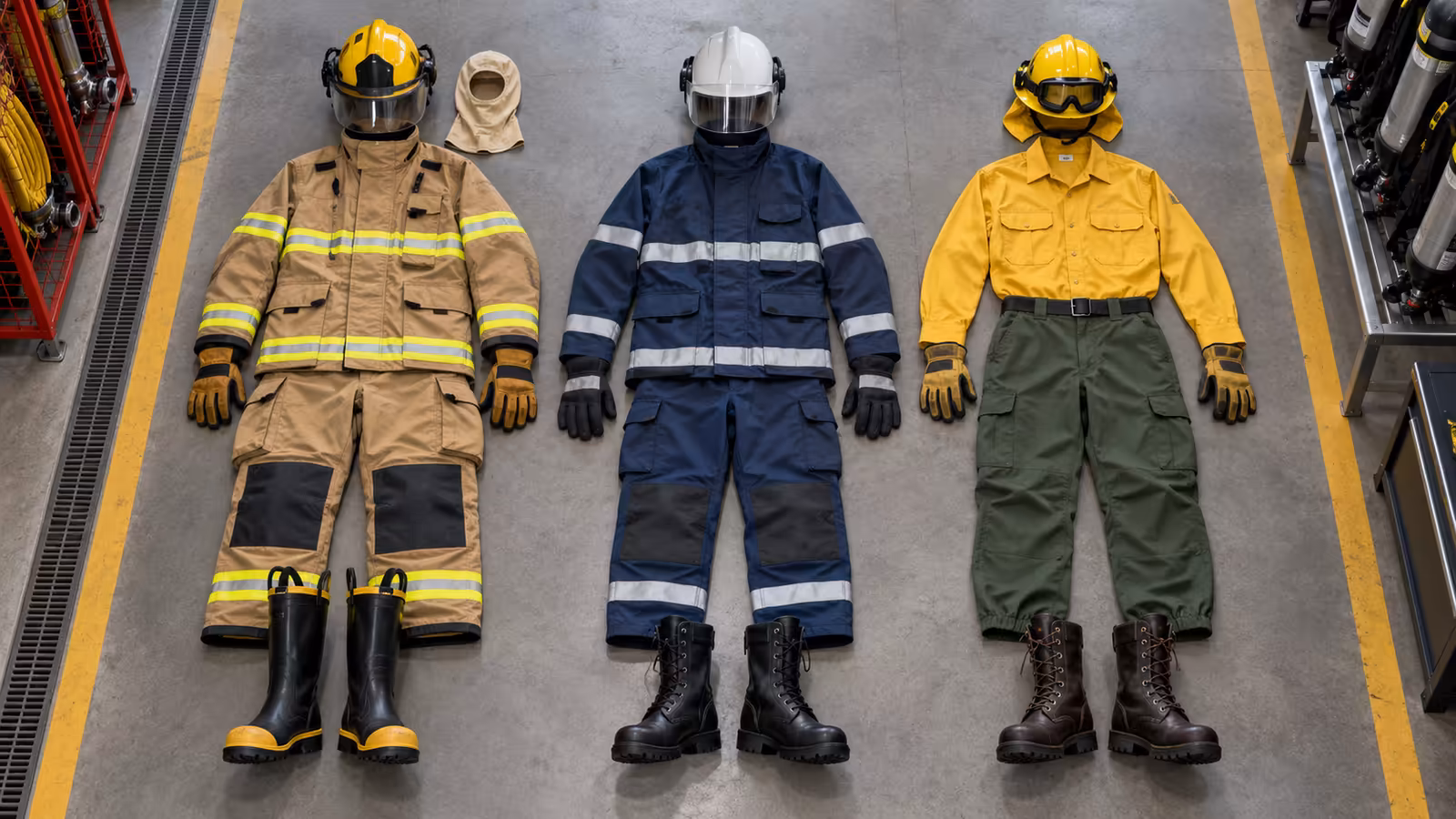 Tres juegos completos de equipo para bombero sobre el piso de una estación: estructural, de brigada industrial y forestal, cada uno con traje, casco, guantes y botas