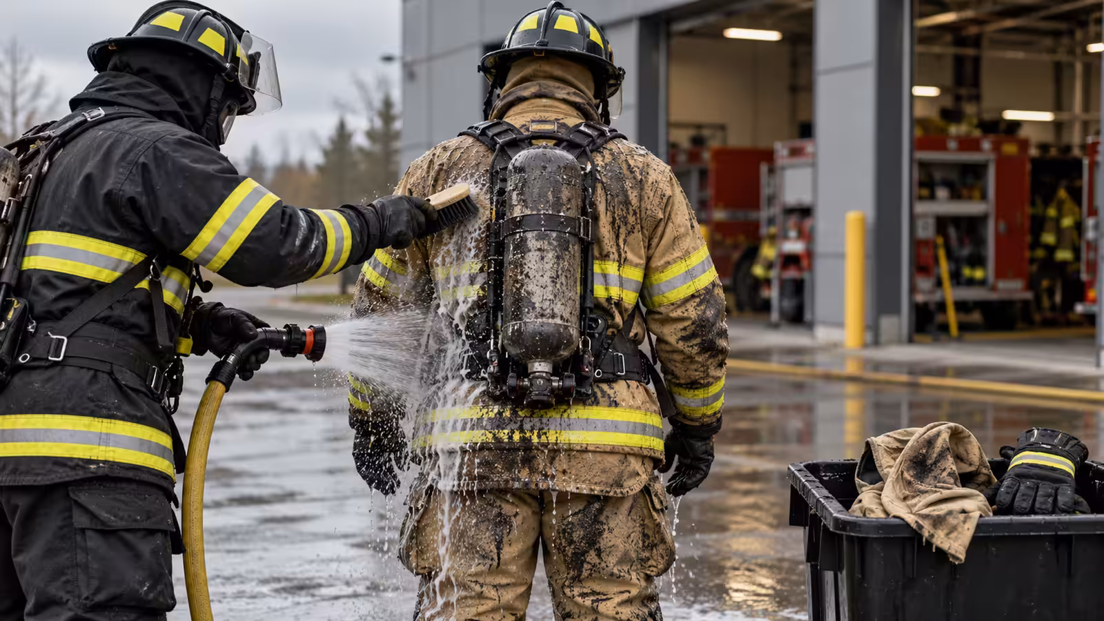 Bombero de espaldas con traje estructural sucio de hollín recibiendo descontaminación con cepillo y agua a baja presión fuera de la estación