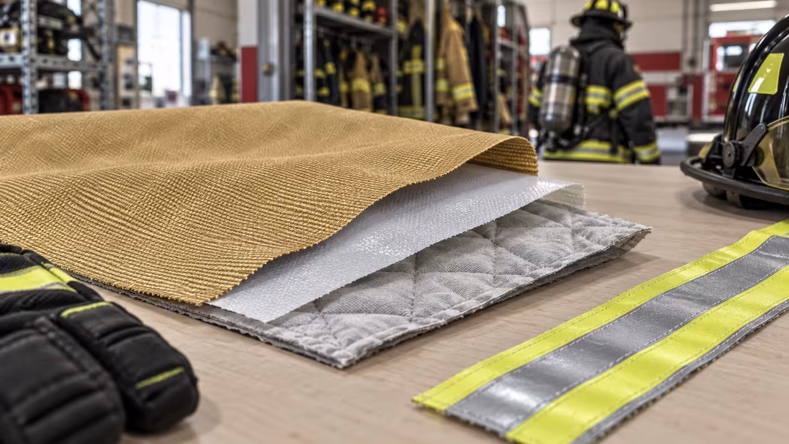 Muestras de capa exterior, barrera de humedad y barrera térmica de un traje estructural de bombero
