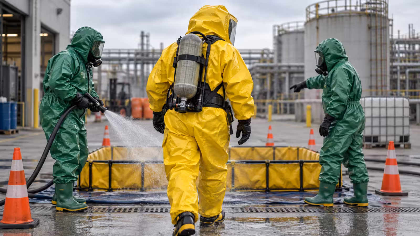 Personal con trajes químicos de distintos niveles en una operación de descontaminación