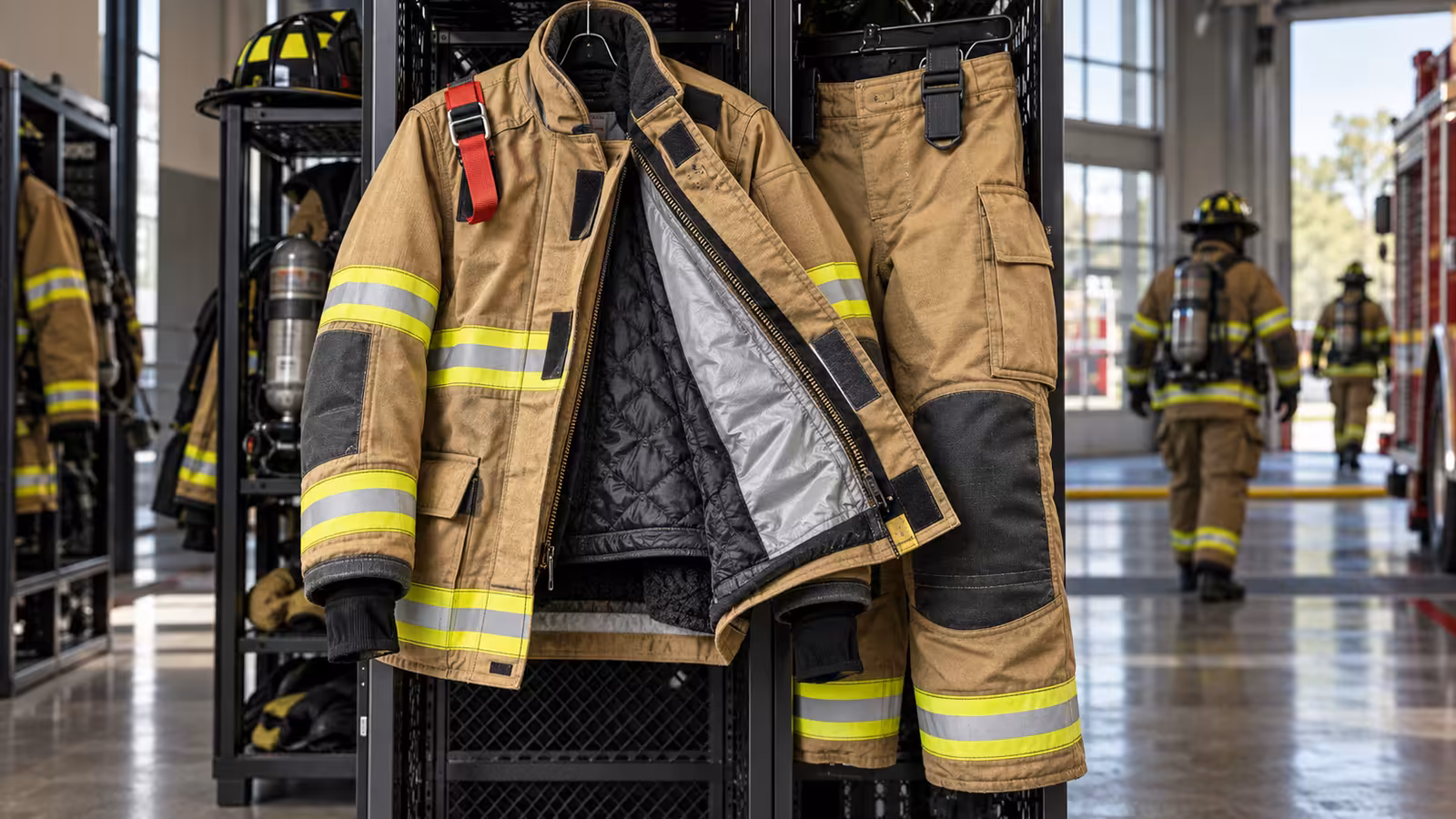 Chaquetón y pantalonera estructurales en un casillero, con el forro abierto que muestra la barrera de humedad y la barrera térmica
