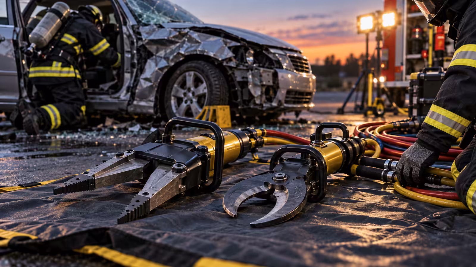 Separador y cizalla hidráulicos de rescate sobre una lona junto a un auto accidentado al atardecer