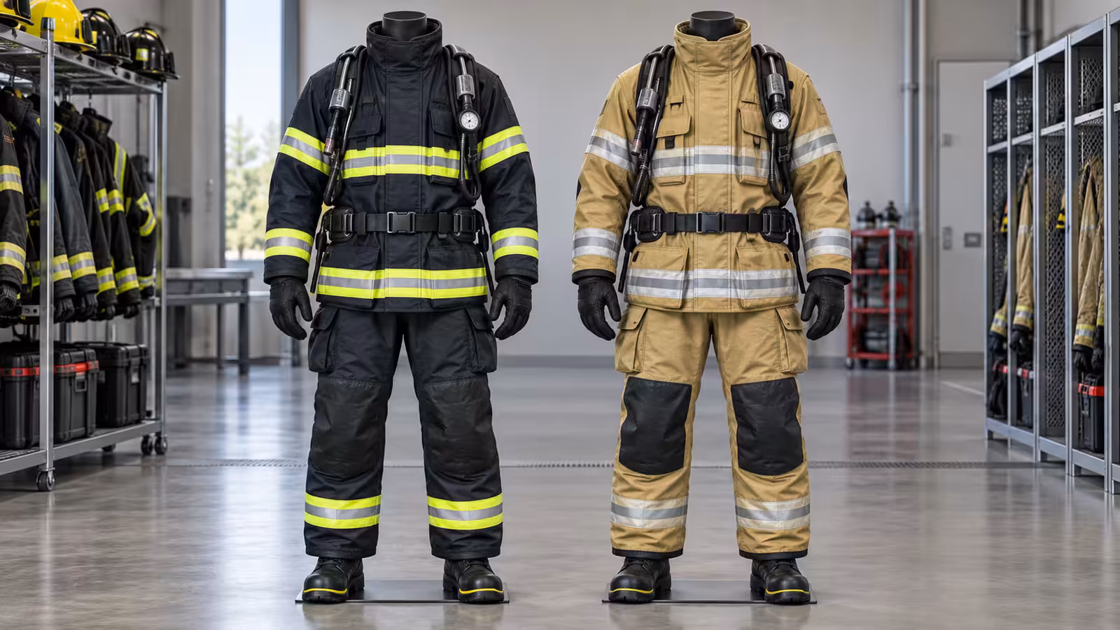 Dos trajes estructurales para bomberos, uno azul marino y otro arena, en maniquíes con arnés de equipo de respiración