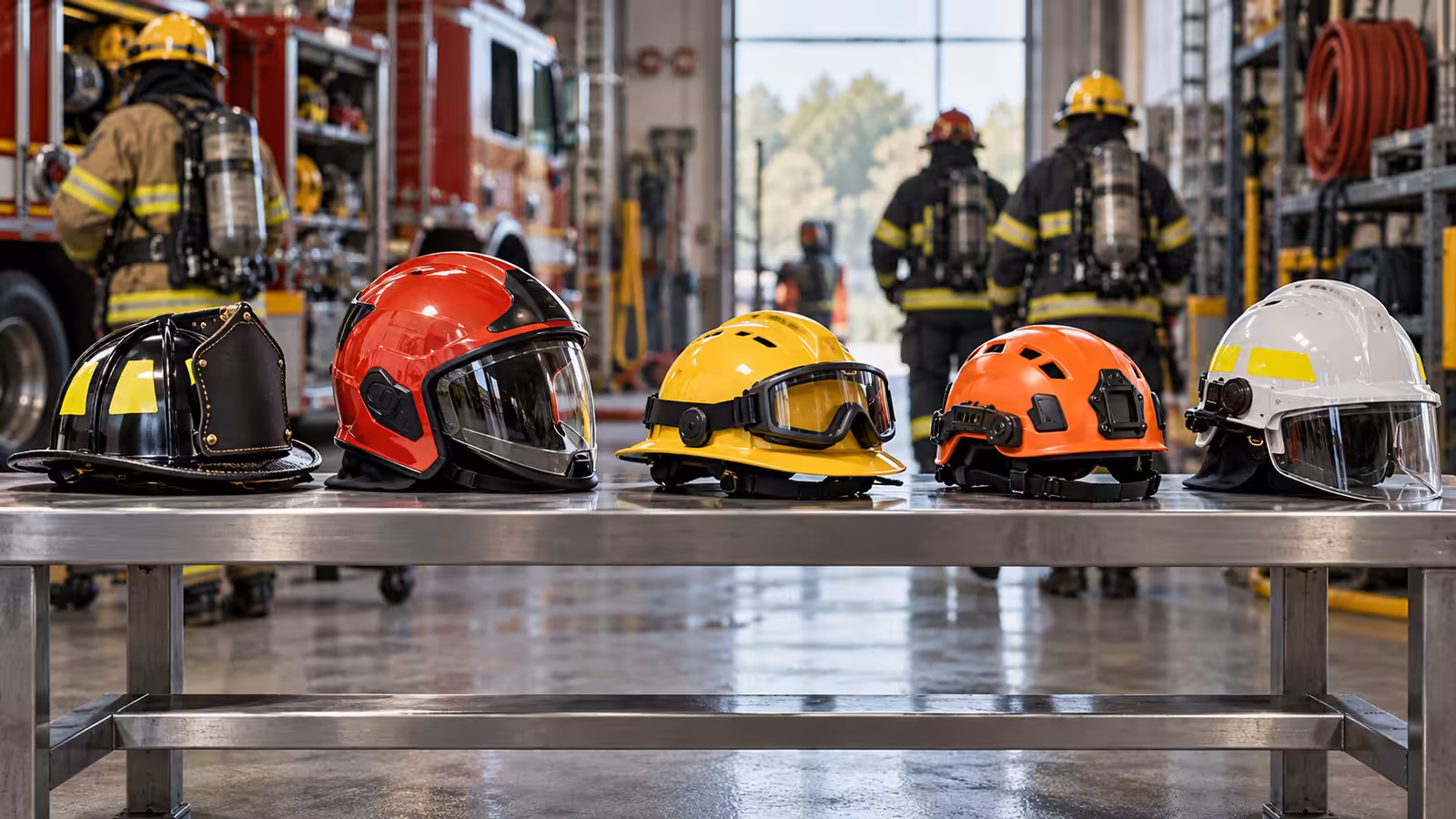 Cinco tipos de casco para bombero en fila: tradicional, europeo con visor, forestal, de rescate técnico y de brigada industrial