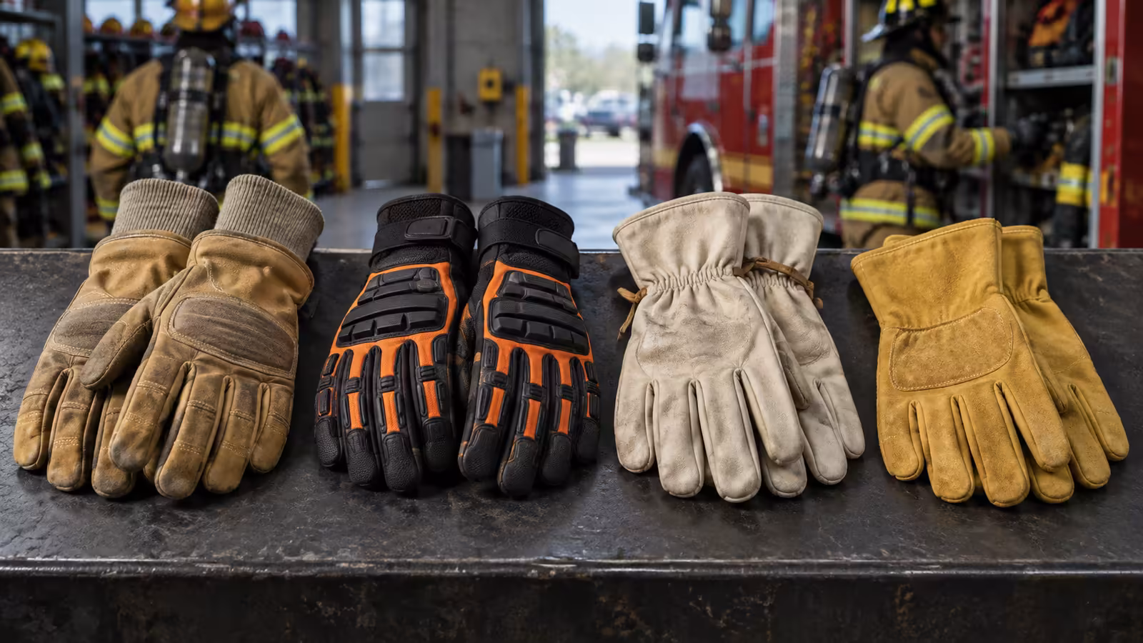 Cuatro pares de guantes para bombero: estructural de piel, de extricación resistente al corte, forestal y de brigada