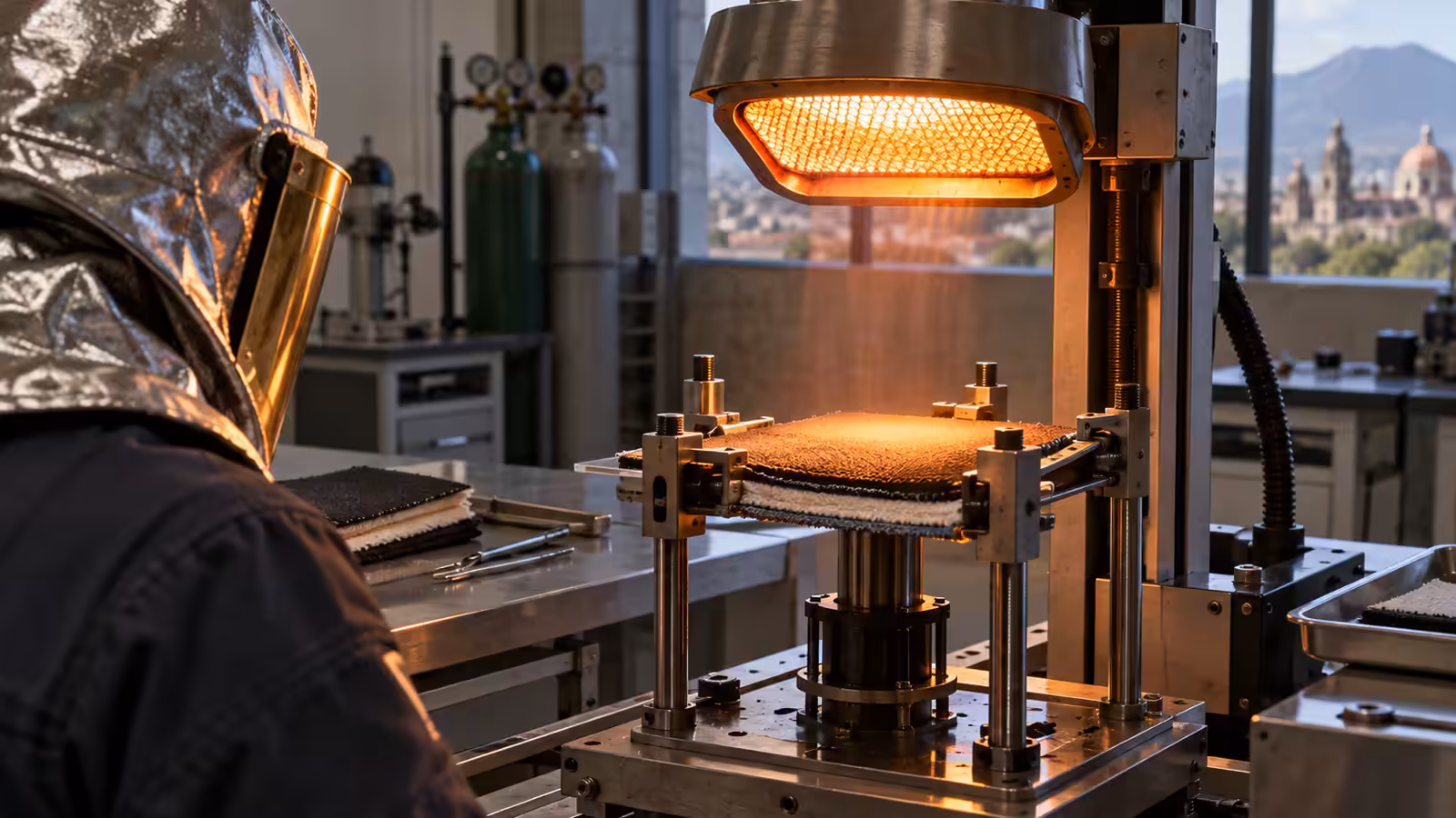 Muestra de composite de tres capas en un equipo de prueba de protección térmica
