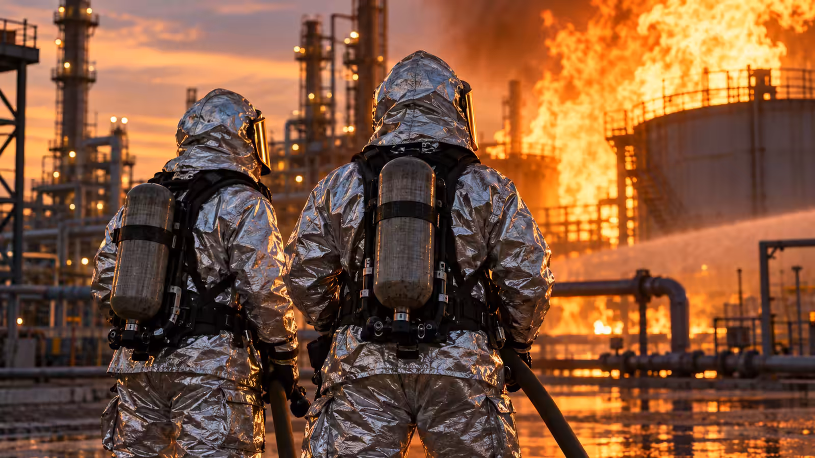 Dos bomberos con trajes aluminizados de aproximación frente al fuego de una instalación industrial al atardecer