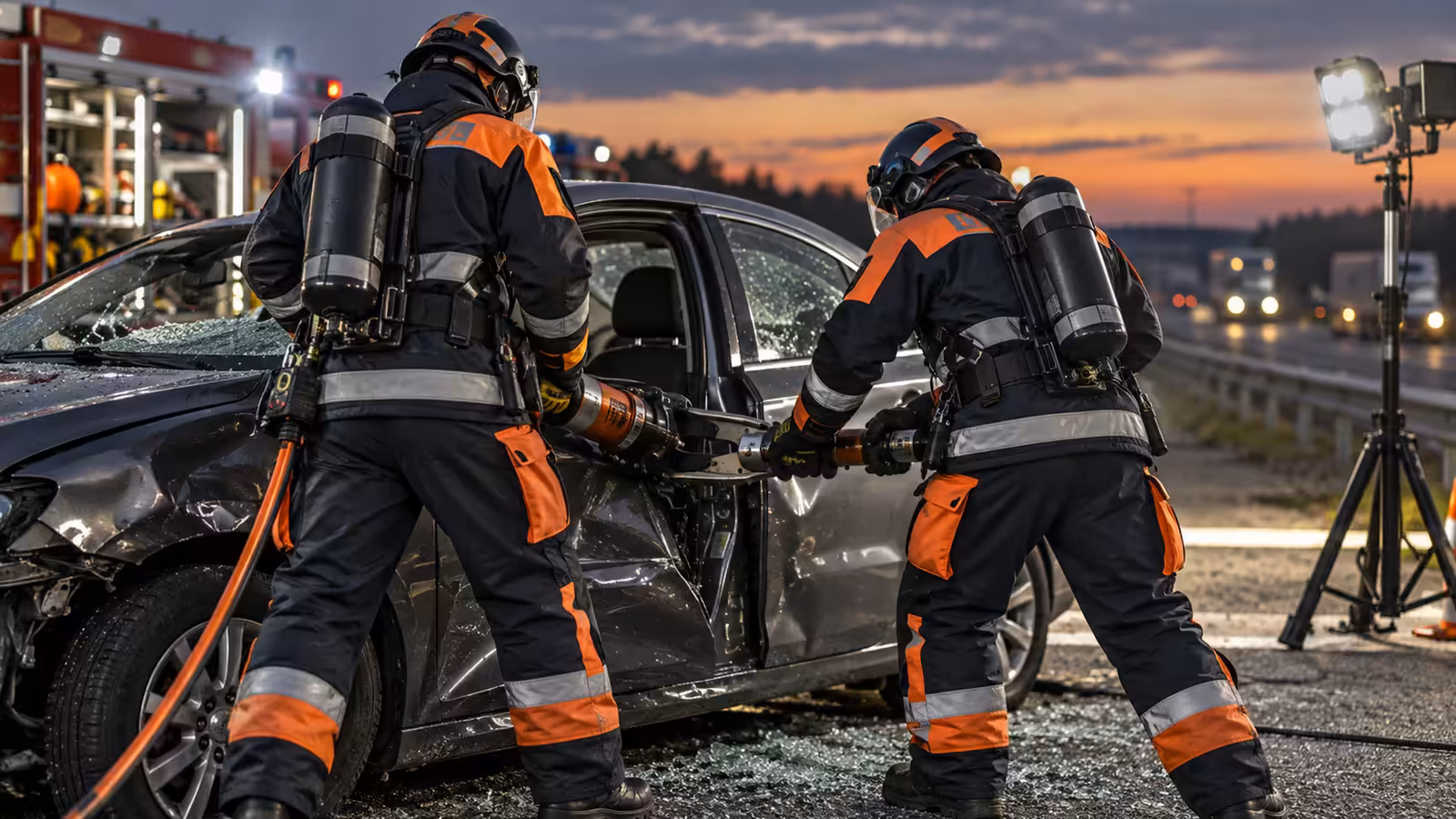 Rescatistas con traje de rescate técnico usando una herramienta hidráulica en la puerta de un auto accidentado