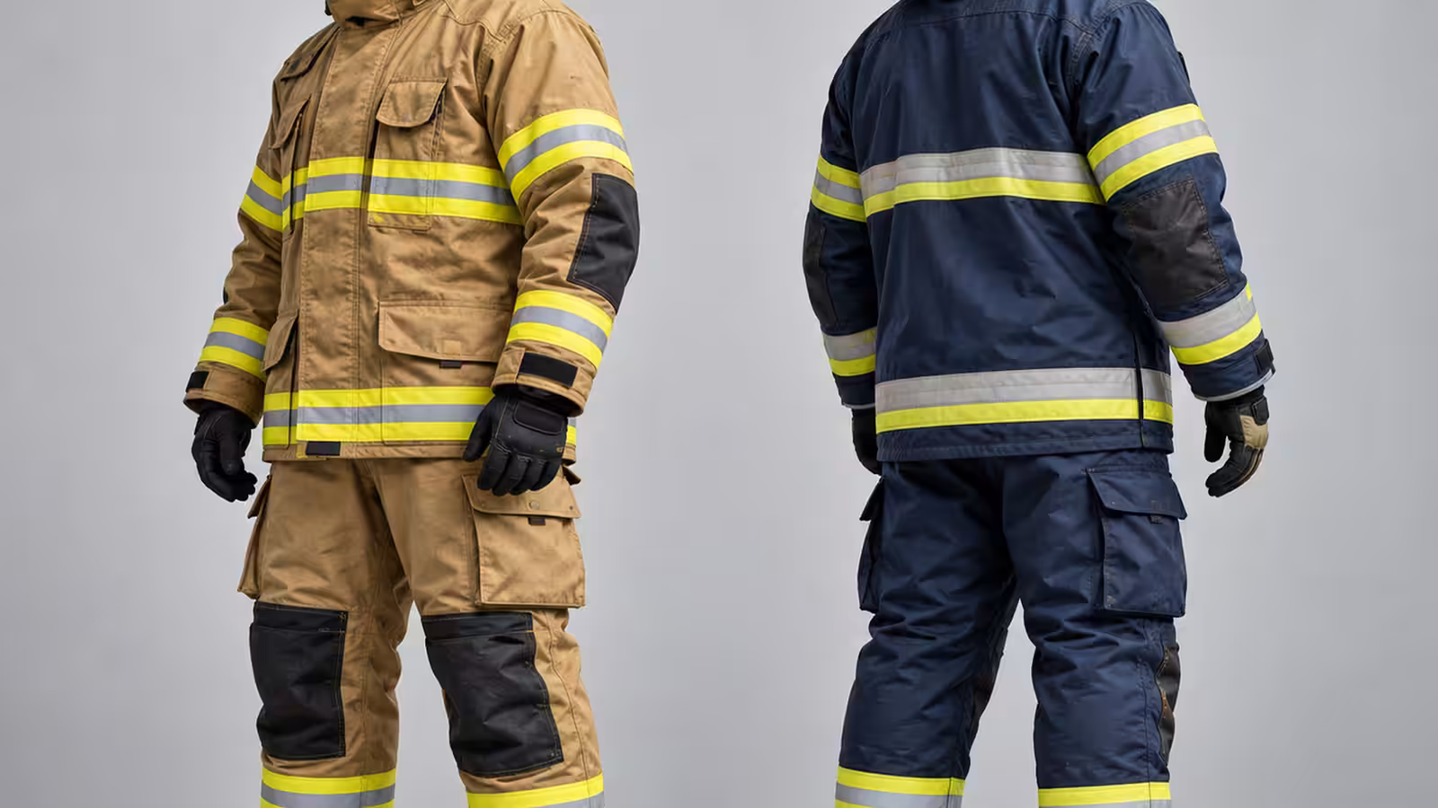 Traje estructural color arena junto a un traje de brigadista azul marino