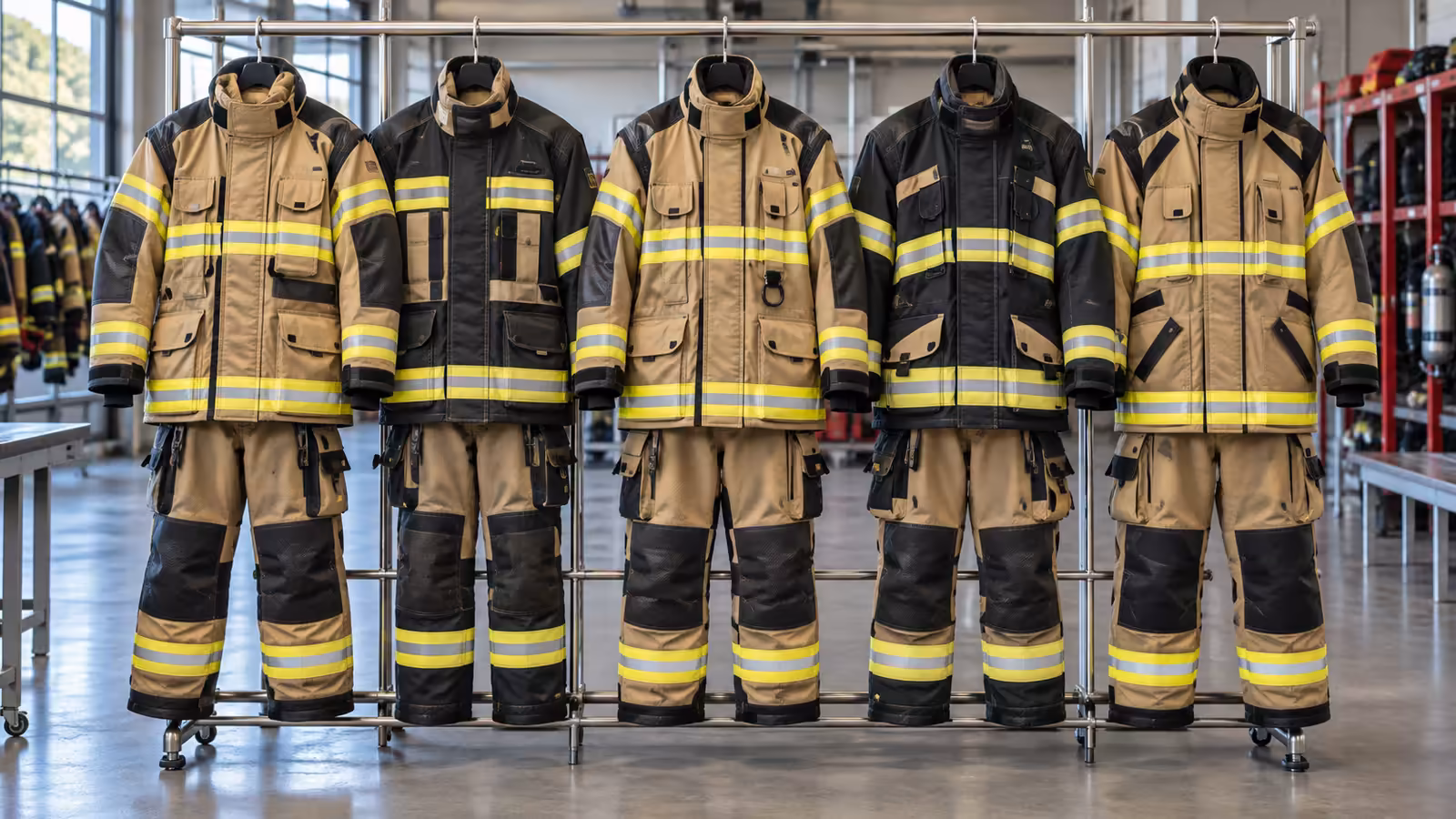 Cinco trajes estructurales para bomberos en tonos arena y negro colgados lado a lado en una estación