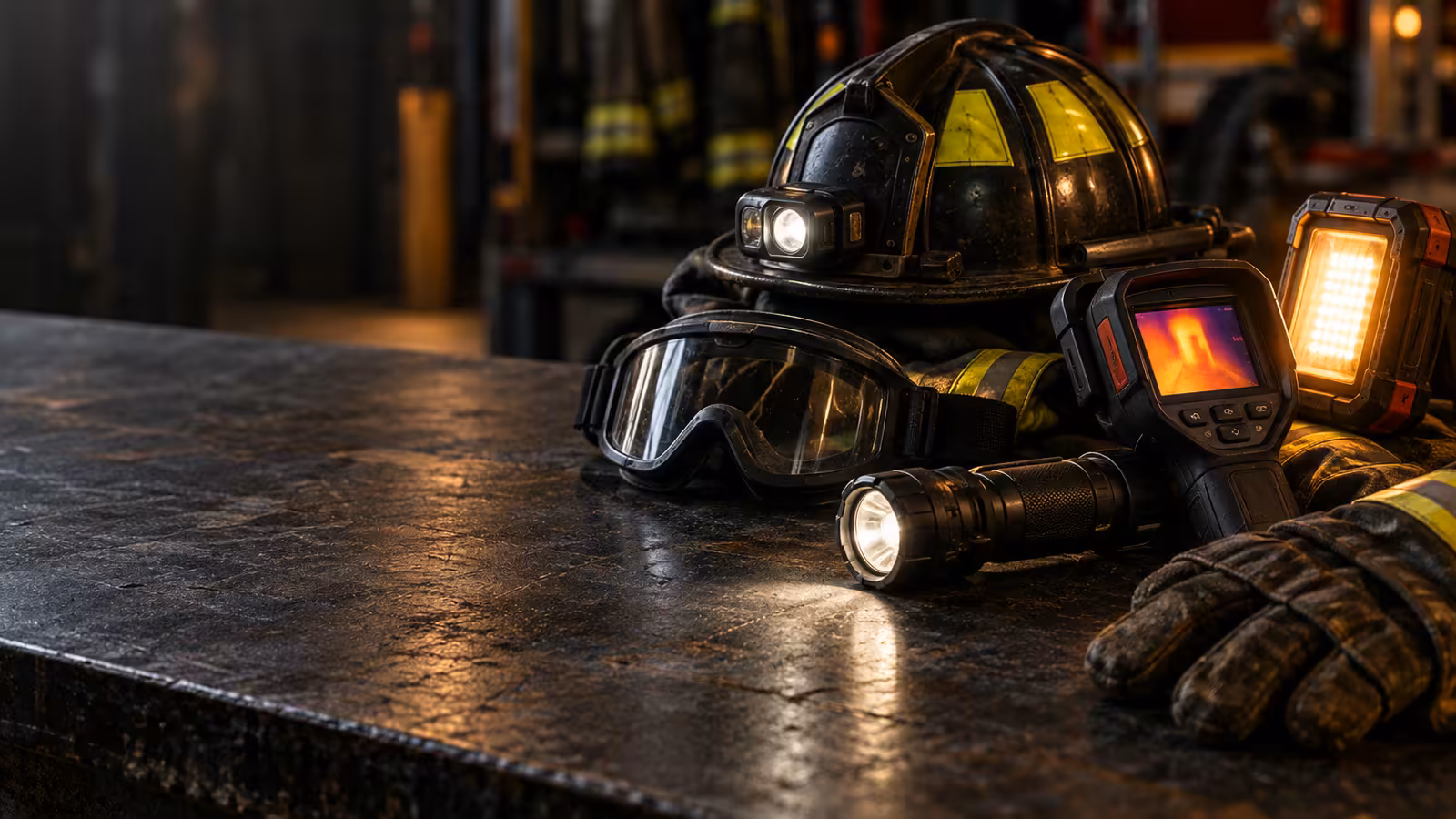 Casco, goggles, linterna y cámara térmica de bombero sobre una mesa de la estación