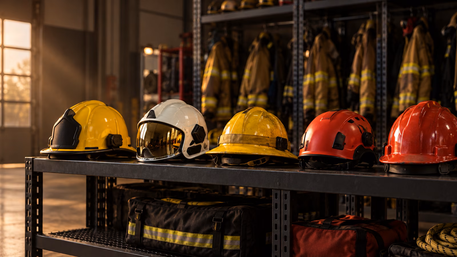 Cascos para bombero de distintos tipos listos para asignarse en la estación