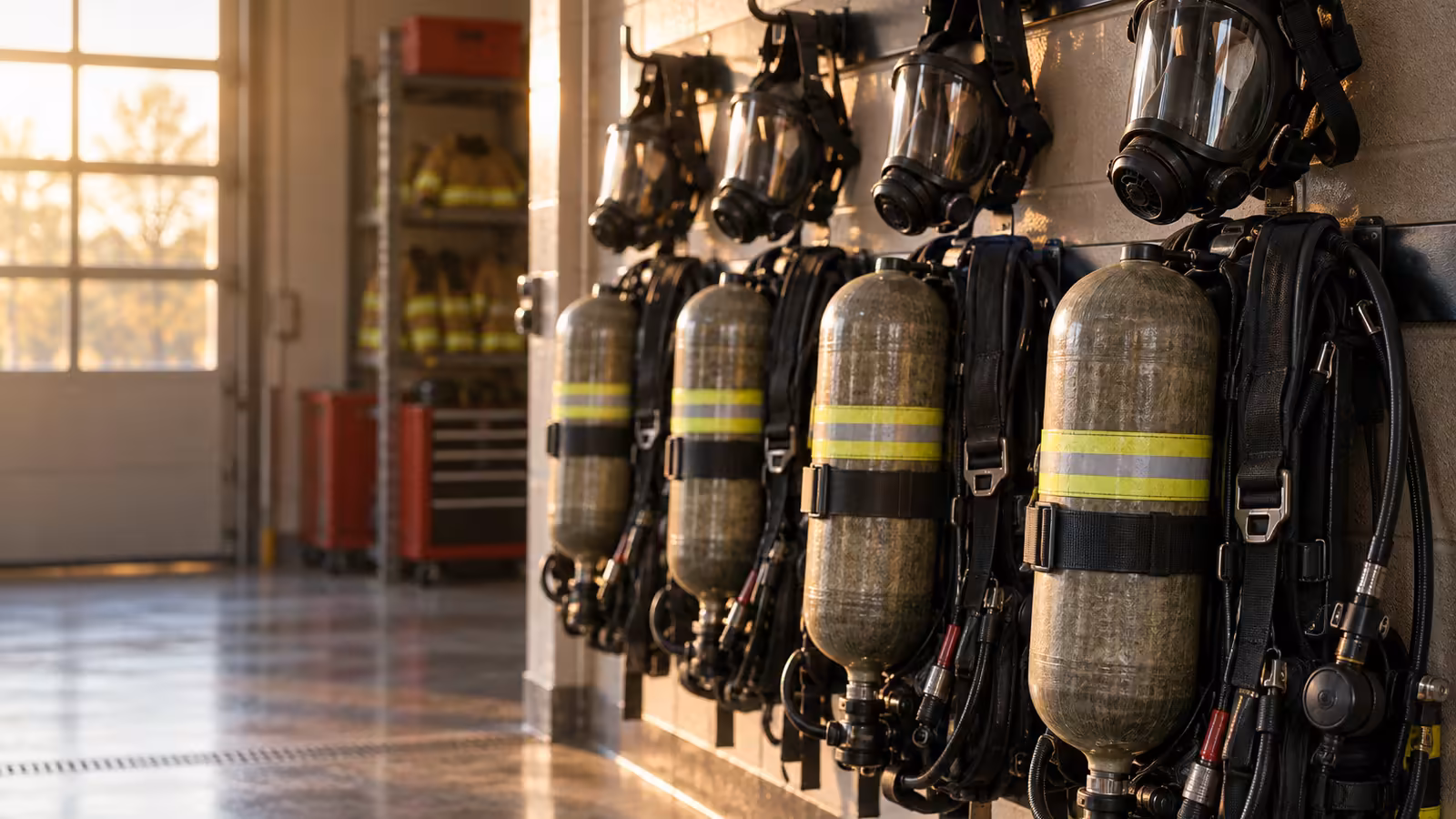 Equipos de respiración autónoma con cilindro de fibra de carbono en el área de equipo de la estación