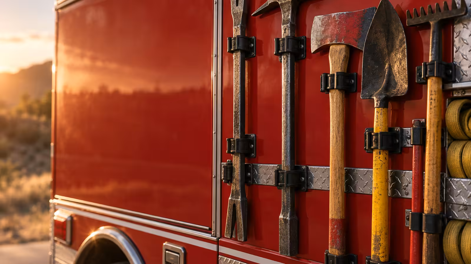 Hachas, barras y herramientas forestales sujetas en el costado de una unidad de bomberos