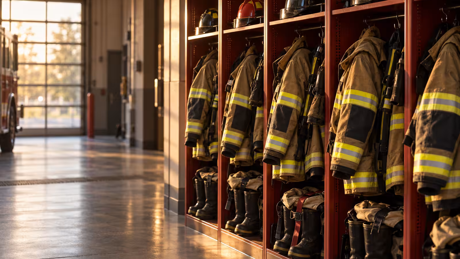 Trajes, cascos y botas de bombero organizados en los casilleros de la estación