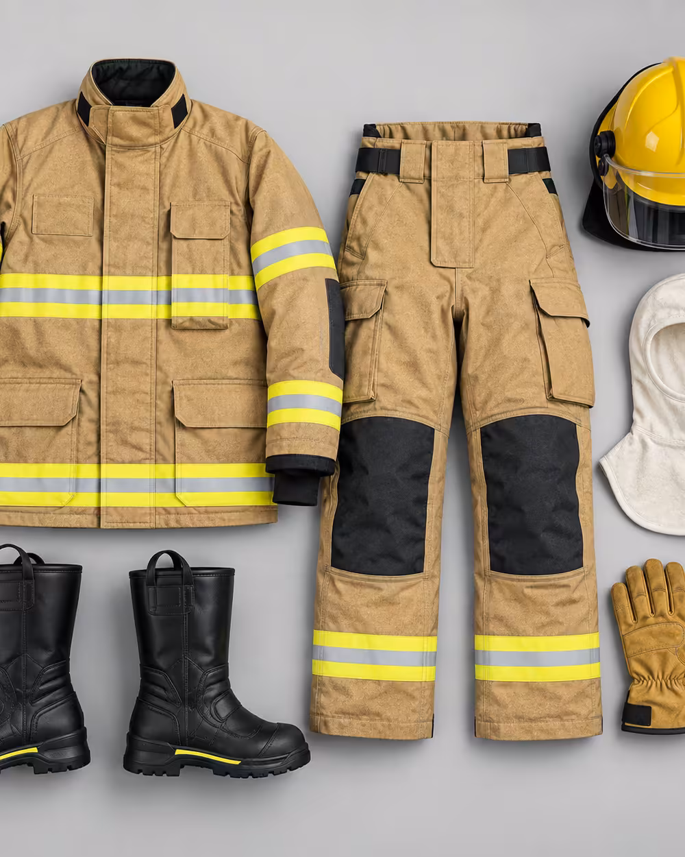 Kit estructural para bombero con traje, casco, monja, guantes y botas