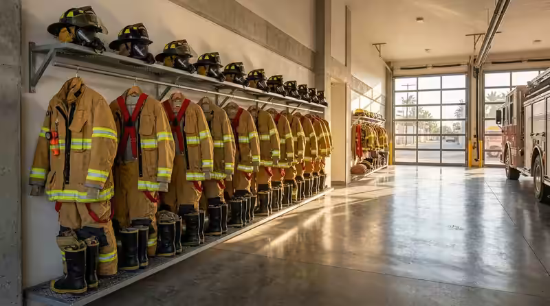 Trajes para bomberos en percha dentro de la estación, con cascos y botas listos para la salida