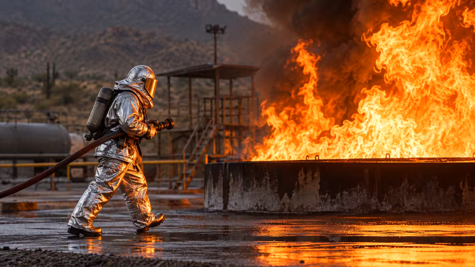 Bombero con traje aluminizado de aproximación trabajando cerca de un incendio industrial