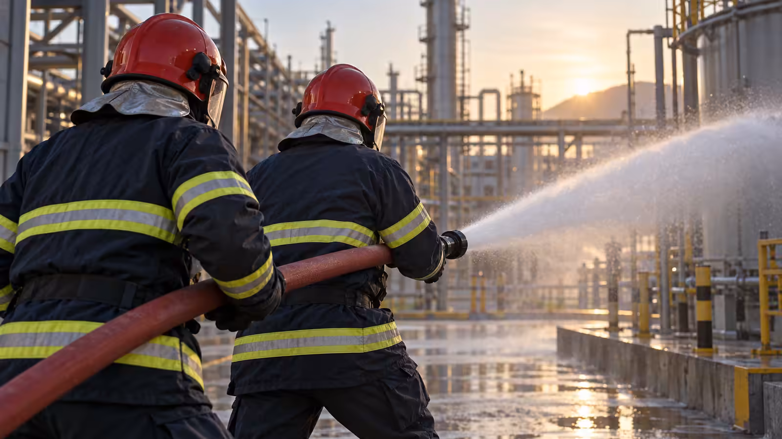 Brigada industrial con equipo de protección atendiendo un conato en una planta