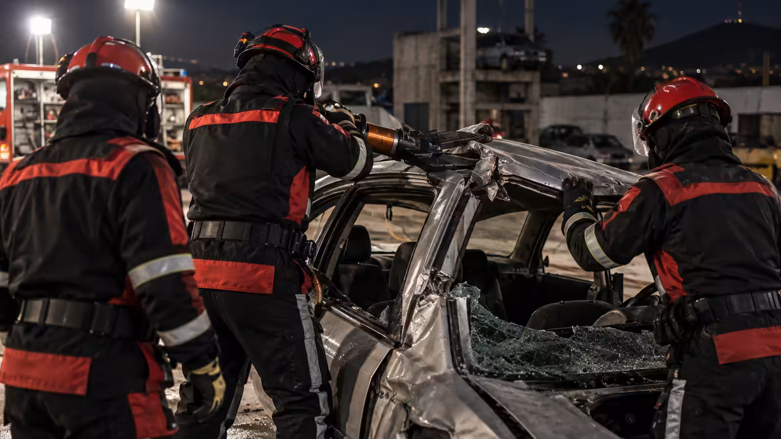Rescatistas con traje de extricación trabajando en un vehículo accidentado