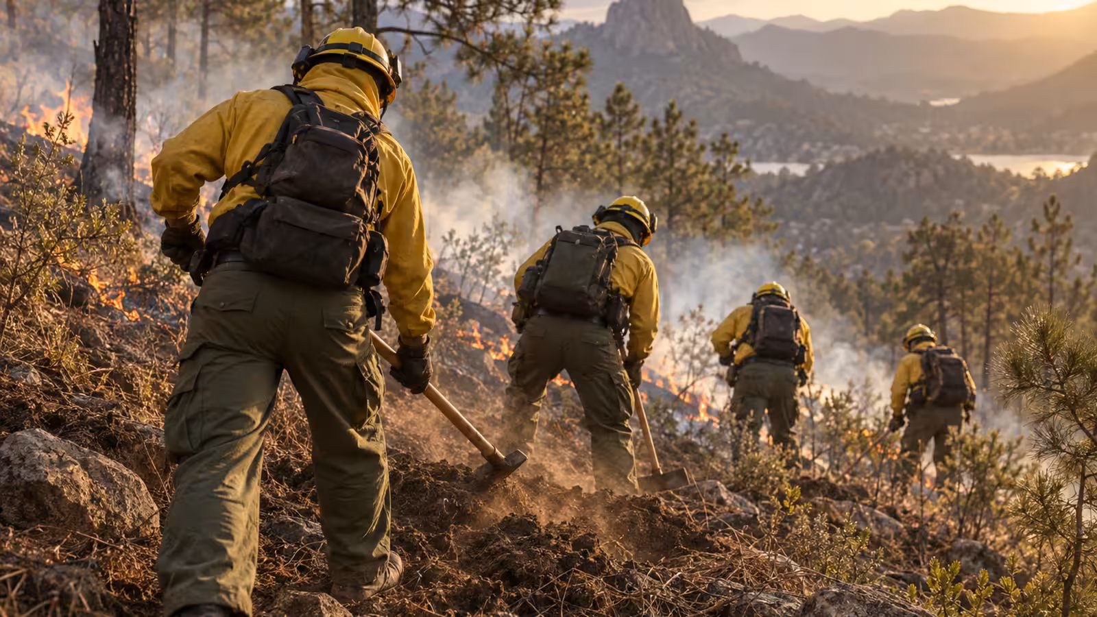Brigadistas forestales con casco y goggles trabajando en la línea de fuego