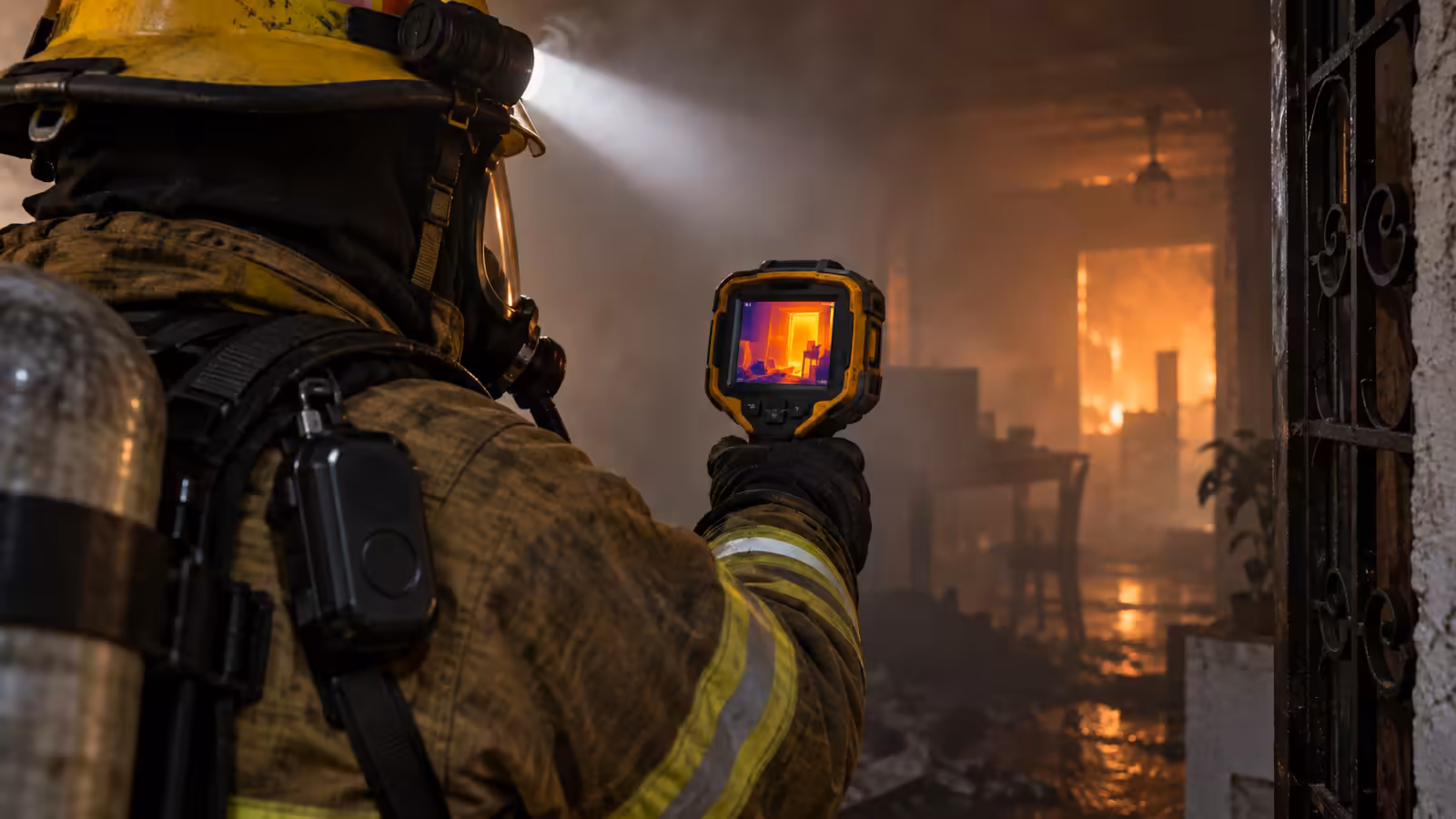 Bombero usando una cámara térmica en un cuarto con humo, con lámpara de casco y dispositivo PASS