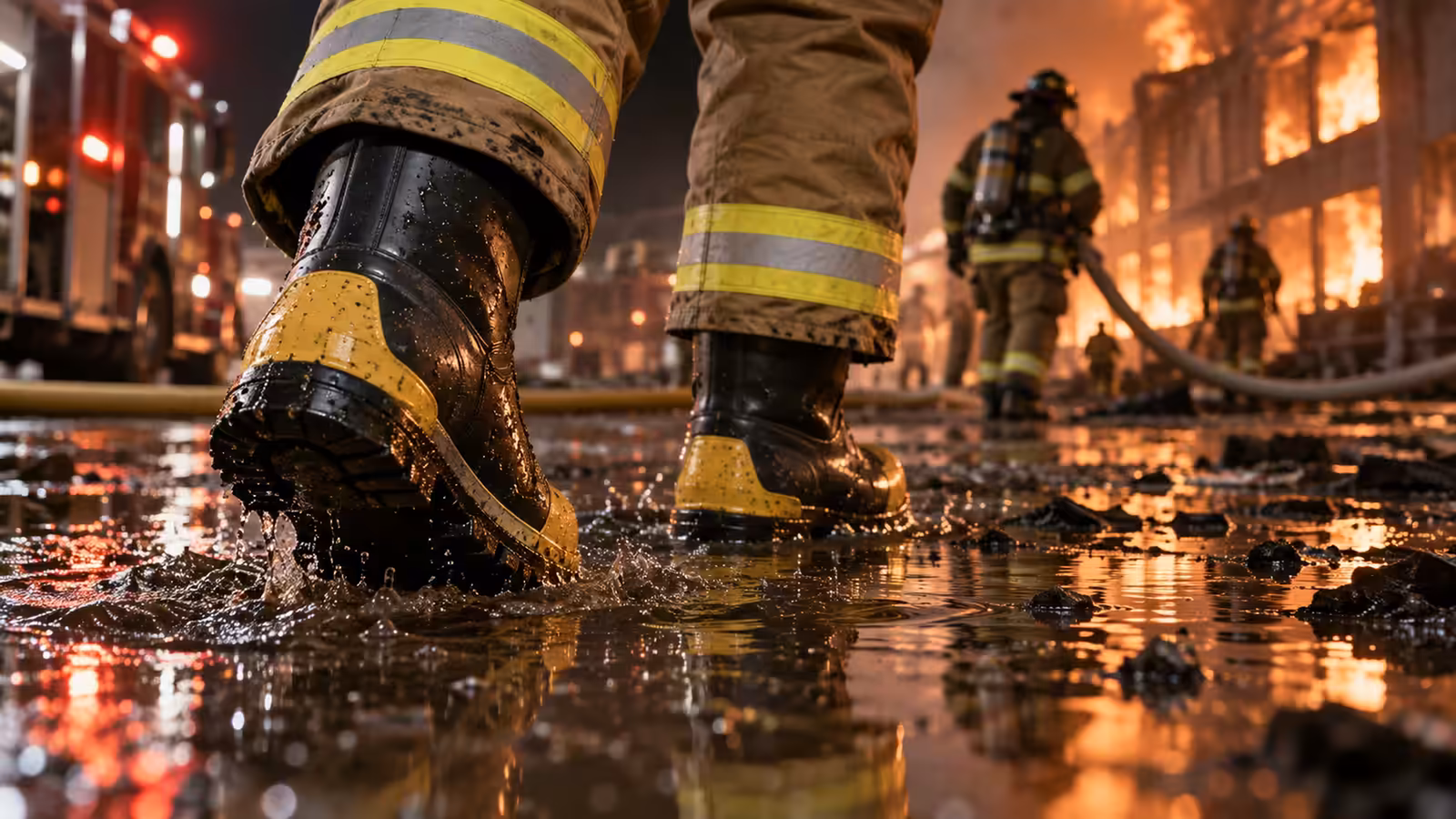 Botas estructurales de hule para bombero pisando agua y escombro durante un incendio nocturno
