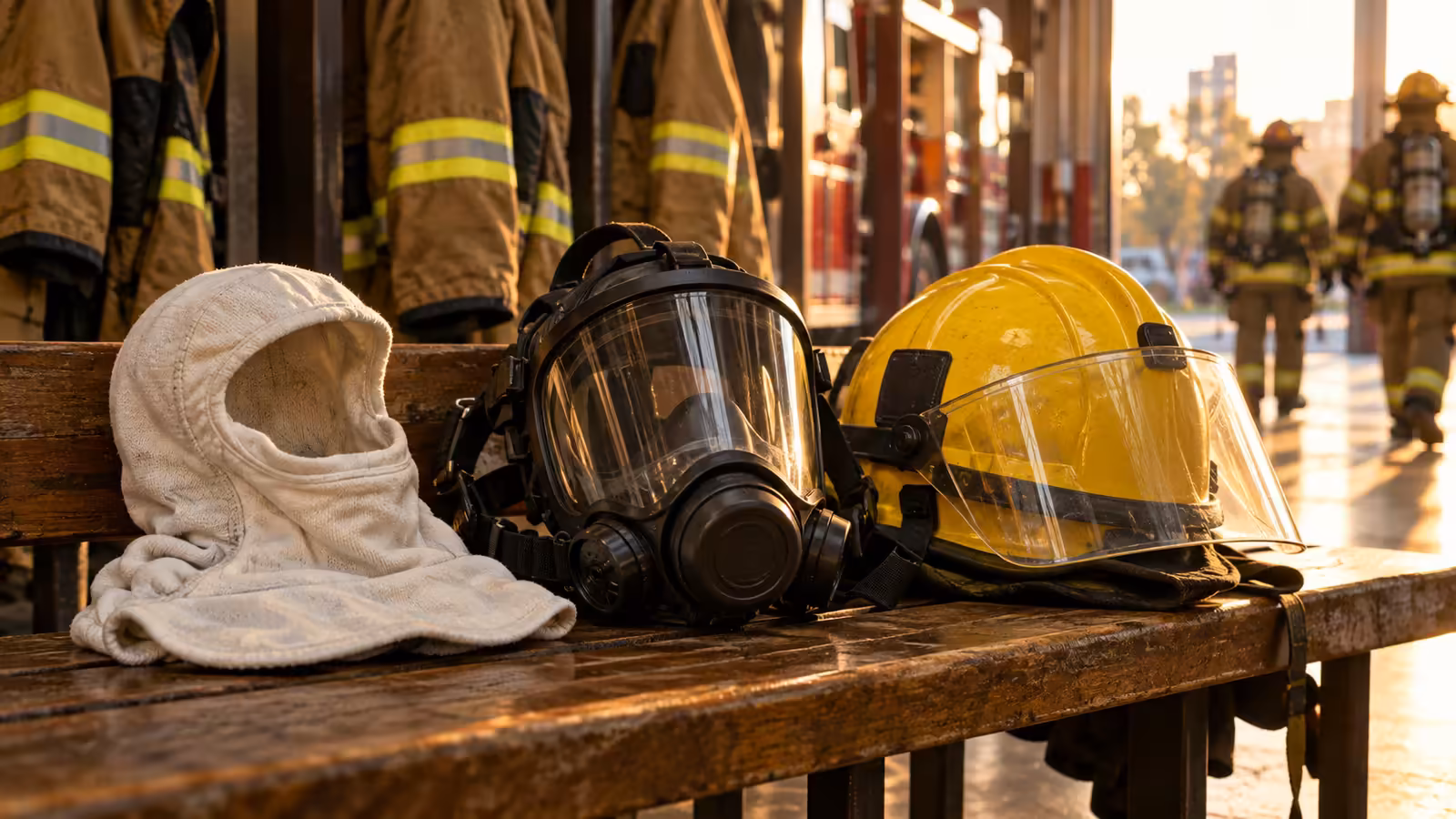 Monja de Nomex, máscara de ERA y casco estructural preparados sobre una banca de la estación de bomberos