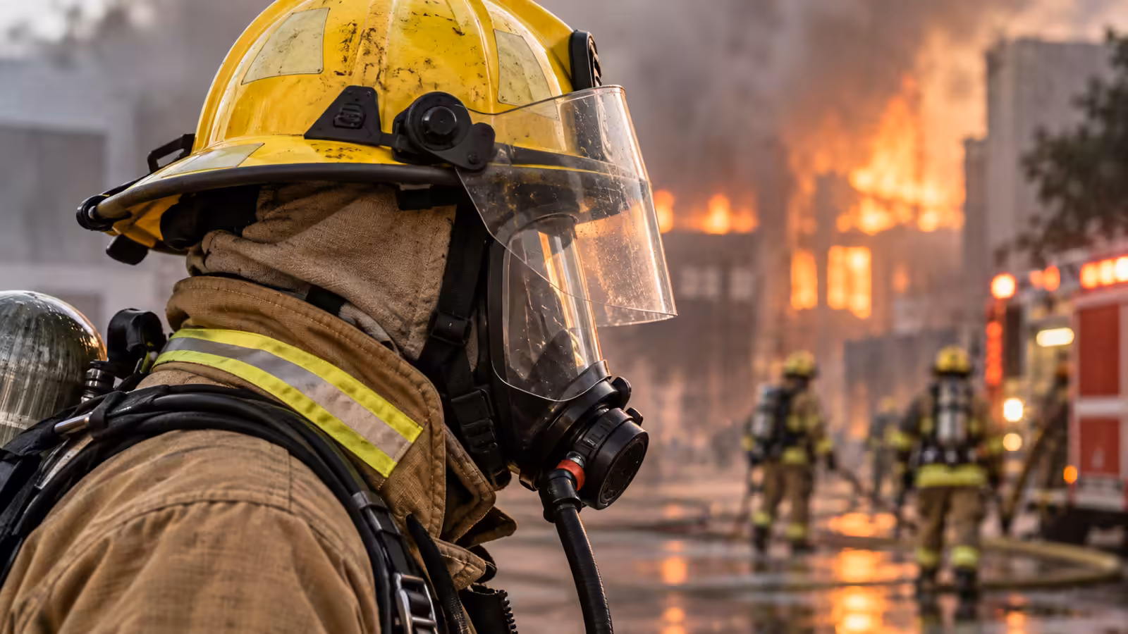 Bombero con casco estructural, visor abatido y máscara del equipo de respiración autónoma durante un incendio