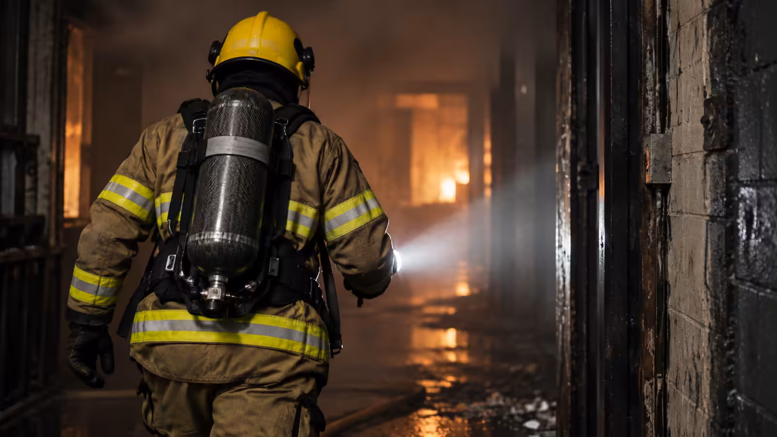 Bombero con equipo de respiración autónoma y cilindro de fibra de carbono avanzando por un pasillo con humo